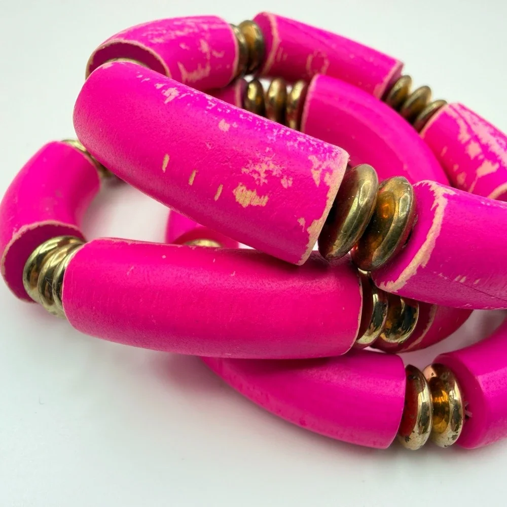 Vintage 90s Hot Pink Tube Beaded‎ Stretch Bracelet Set 3pc Gold Tone Jewelry